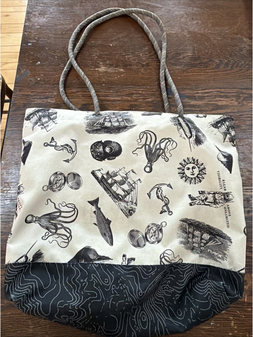 Kavu Rope Market Bag Black & Beige Mixed Print Nautical Ships Octopus Sun - Picture 4 of 11
